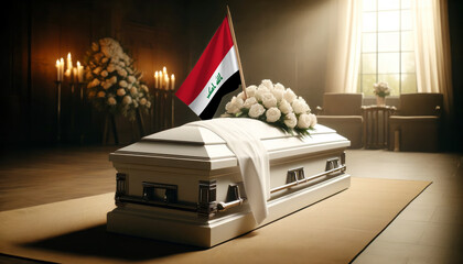 Respect and remembrance: white roses adorn a coffin draped with the Iraq flag, a poignant scene of mourning and patriotism