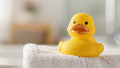 Bathroom concept with yellow rubber duck toy on white towel for bath time