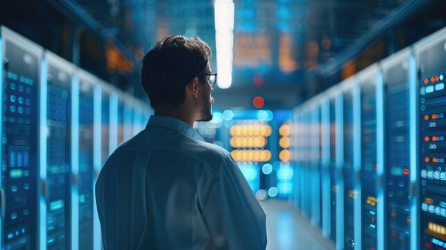 Engineers working in the room are equipped with advanced technological tools, watching remote monitoring software for data centers. Generative AI.