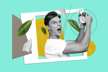 Vertical photo collage of angry man hold alarm clock ring wake bell late work deadline problem...