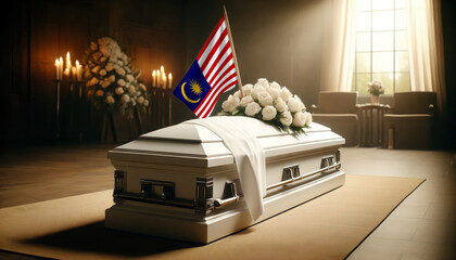 Respect and remembrance: white roses adorn a coffin draped with the Malaysia flag, a poignant scene of mourning and patriotism
