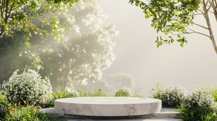 a white circular stone table surrounded by plants and trees in a garden setting with a foggy sky in the background