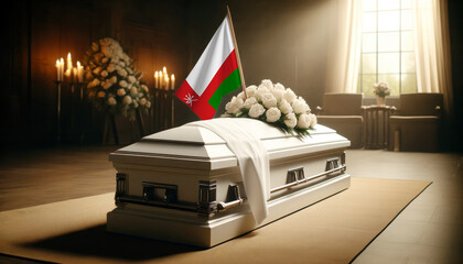Respect and remembrance: white roses adorn a coffin draped with the Oman flag, a poignant scene of mourning and patriotism