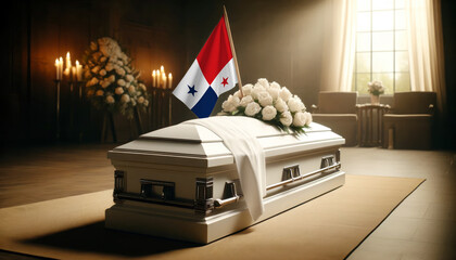 Respect and remembrance: white roses adorn a coffin draped with the Panama flag, a poignant scene of mourning and patriotism