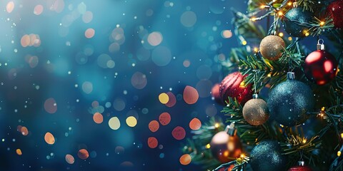 Dark blue Christmas background with decorated sparkling Christmas tree, blurred bokeh lights, red baubles. Copy space. Festive night wide banner template. Defocused sparkle, snowflakes. Holiday season
