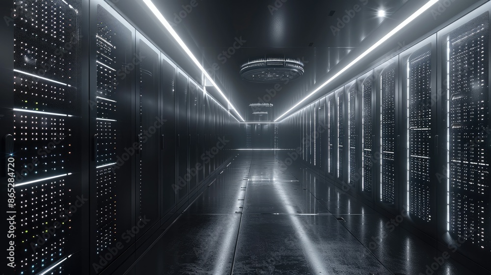 Fototapete a data storage racks, in a dark-and-white color scheme, offering both functionality and a sleek, mod
