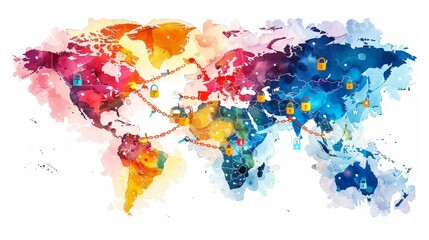 Watercolor illustration of a world map in bright colors with location pins connected by chains and padlocks, symbolizing lockdowns across countries, in the distinctive cincoes style