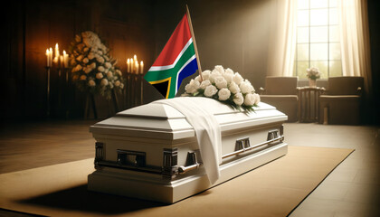 Respect and remembrance: white roses adorn a coffin draped with the South Africa flag, a poignant scene of mourning and patriotism