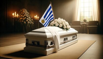Respect and remembrance: white roses adorn a coffin draped with the Uruguay flag, a poignant scene of mourning and patriotism