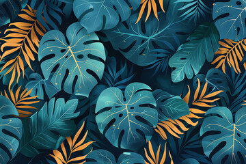 Abstract teal Summer  Pattern With Copy Space for Text. Bright Tropical Leaves And Plants
