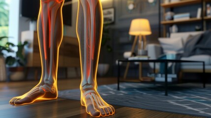 Orthopedic disease treatment care medicine concept poster,A man suffers from leg pain at home,X-ray of leg bones highlighted