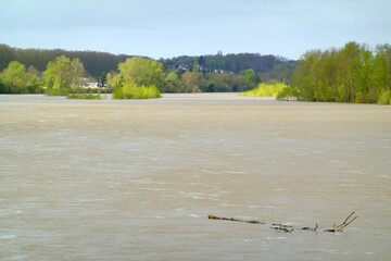 High water level  in the Loire river near Amboise, France, with floating driftwood