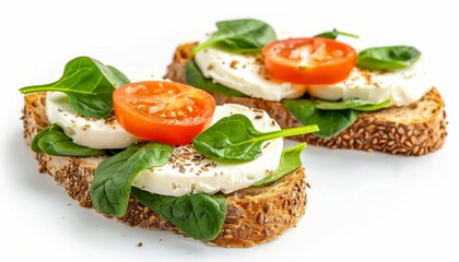Bruschetta with cream cheese sliced cheese and spinach on grain crispbread
