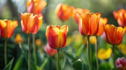 Vivid orange and yellow tulips blooming in spring garden
