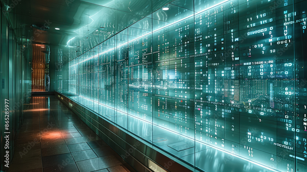 Poster In the large computer room where the live shooting was taken, a virtual city composed of numbers was reflected in the glass of the cabinet. Generative AI.