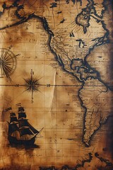 Fototapeta premium ancient navigation map pattern on old paper texture , old fantasy vintage world map background, wallpaper