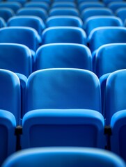 Obraz premium rows of blue plastic stadium seats in an empty auditorium.