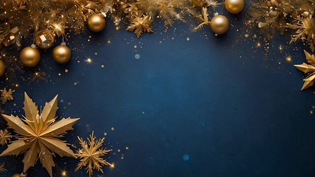 animation of flat lay festive Christmas composition with frame golden stars and baubles, ornaments and lights on deep blue background. Perfect for holiday greetings, blank free space.