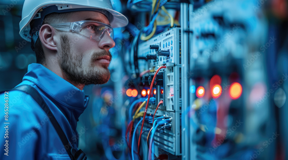 Poster engineer, electrical contractor. high tech setting. generative ai.