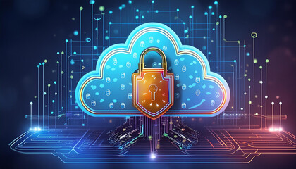 Abstract illustration of cloud security services, stylized cloud icon integrated with a secure padlock symbol, representing data protection and cybersecurity in cloud computing environments