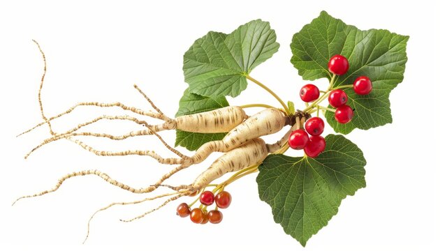 Close up of Korean ginseng renowned medicinal plant on white background
