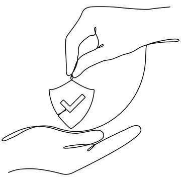 recommend clip art: Hand giving shield badge continuous line drawing. Approval check guard linear symbol. Vector illustration isolated on white background.	