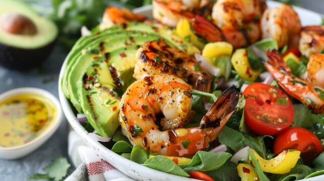 A light and refreshing summer salad with grilled shrimp avocado slices and a lemon avocado oil dressing perfect for a hot day. - Powered by Adobe
