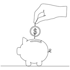 Hand putting dollar coin in piggy bank continuous line drawn. Investment and save money concept. Vector illustration isolated on white.