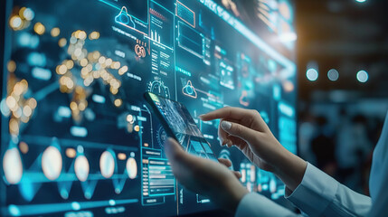 Hands using smartphone with holographic data interface. Futuristic technology, digital innovation background. Interactive display, data visualization.