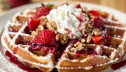 Close up view of whole wheat Belgium waffle with boysenberry syrup cream walnuts and fresh strawberries