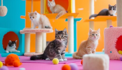 Animal care park with modern facilities and Several pets are playing and socializing