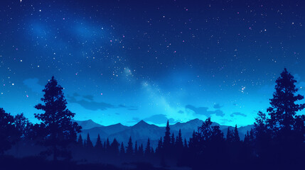 Naklejka premium Vector Night Silhouette: Starry Sky over Trees and Mountains