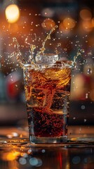 Glass containing a crimson-hued drink and ice cubes, resulting in a lively, splashing effect over the surface. Energetic, active refreshment