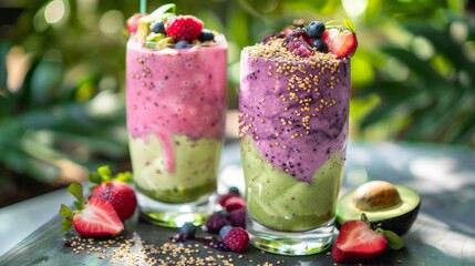 A colorful berry and avocado oil smoothie with avocado mixed berries almond milk and a sprinkle of hemp seeds perfect for a nutritious and delicious snack.