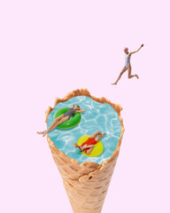 Girls enjoying in swimming pool forming ice cream cone, dicing, swimming, sunbathing, Relaxing...