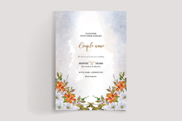 WEDDING INVITATION FRAME WITH FLOWER DECORATIONS AND FRESH LEAVES 
