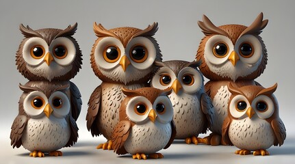 Fototapeta premium Set of 3D cute happy cartoon owl isolated on white background.generative.ai