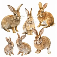 Set of watercolor bunnies and rabbits in different poses. Illustration element with hare jumping, sitting, and standing.