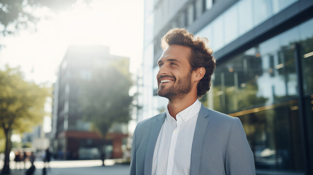 Inspired confident happy smiling businessman standing in the city and looking away