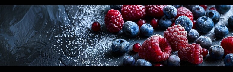 Frozen Berries with Sugar on Dark Surface