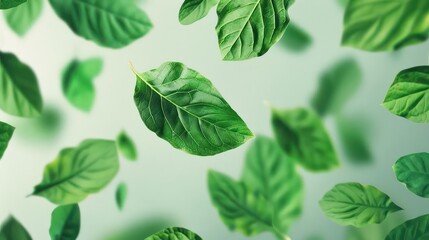 Fototapeta premium A conceptual background featuring floating leaves in various shades of green, providing a refreshing and natural space for copy