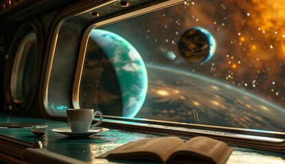 Taking a drink of coffee in the universe, viewing galaxy space, stars, planets, asteroids, meteors, nebulae and other objects from our window in spaceship.