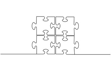 Two connected puzzle pieces of one continuous line drawn. Jigsaw puzzle element. Vector illustration. Three puzzle pieces of one continuous line drawn. One hand-drawn line of jigsaw puzzle element. 