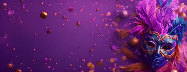 Happy Mardi Gras poster. A banner template with Venetian masquerade decorations, mask, confetti and feathers isolated on purple background, copy space. Costume party flyer for carnivals. 4K Video