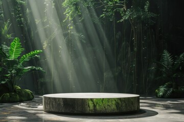 Empty stone podium in lush green forest with sunlight shining through leaves. Natural background for product display. Concept of ecology, sustainability, wellness and zen.
