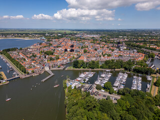 Fototapeta premium Aerial drone photo of the marina and waterside in Hoorn, the Netherlands.