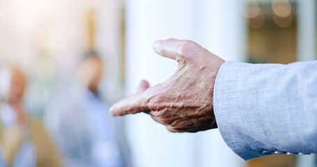 Seminar, hand or presentation in workshop or coaching conference for audience in corporate training. Business person, presenter or closeup of speech to crowd in mentorship for team leadership on blur