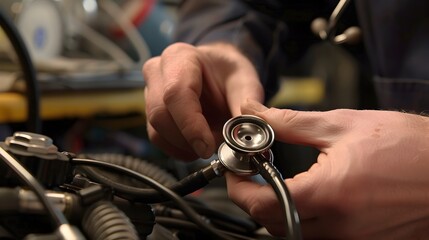 Mechanic Using Stethoscope to Diagnose Engine Noises for Precise Automotive Repairs
