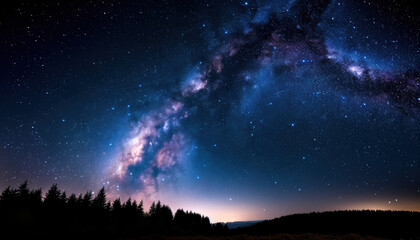 The sky is filled with stars and a large, glowing cloud of milk