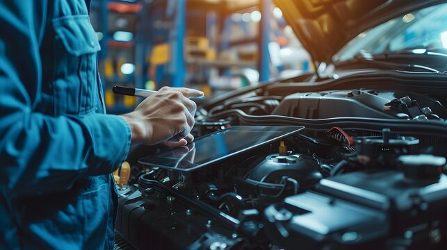 Mechanic Reviewing Engine Performance Data on Digital Tablet for Maintenance and Repair